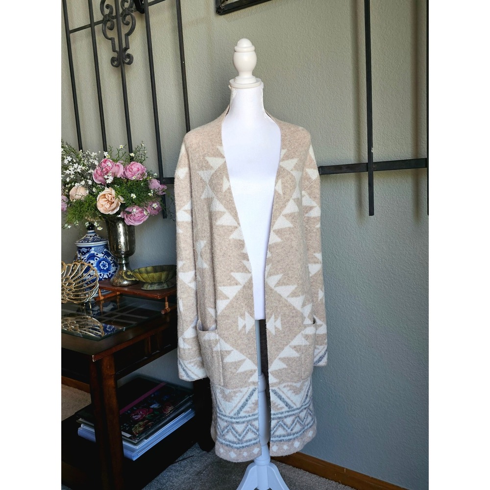 Frye Cardigan Sweater Womens XXL Tan Southwestern Geometric Open Front Longline